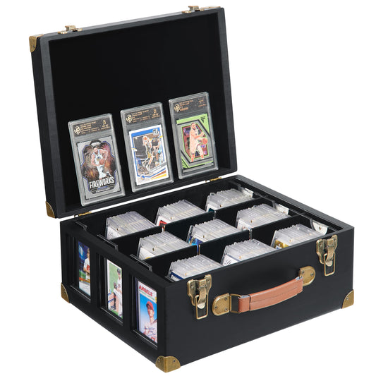 Poyilooo graded card storage box front view highlights sturdy construction for easy access.
