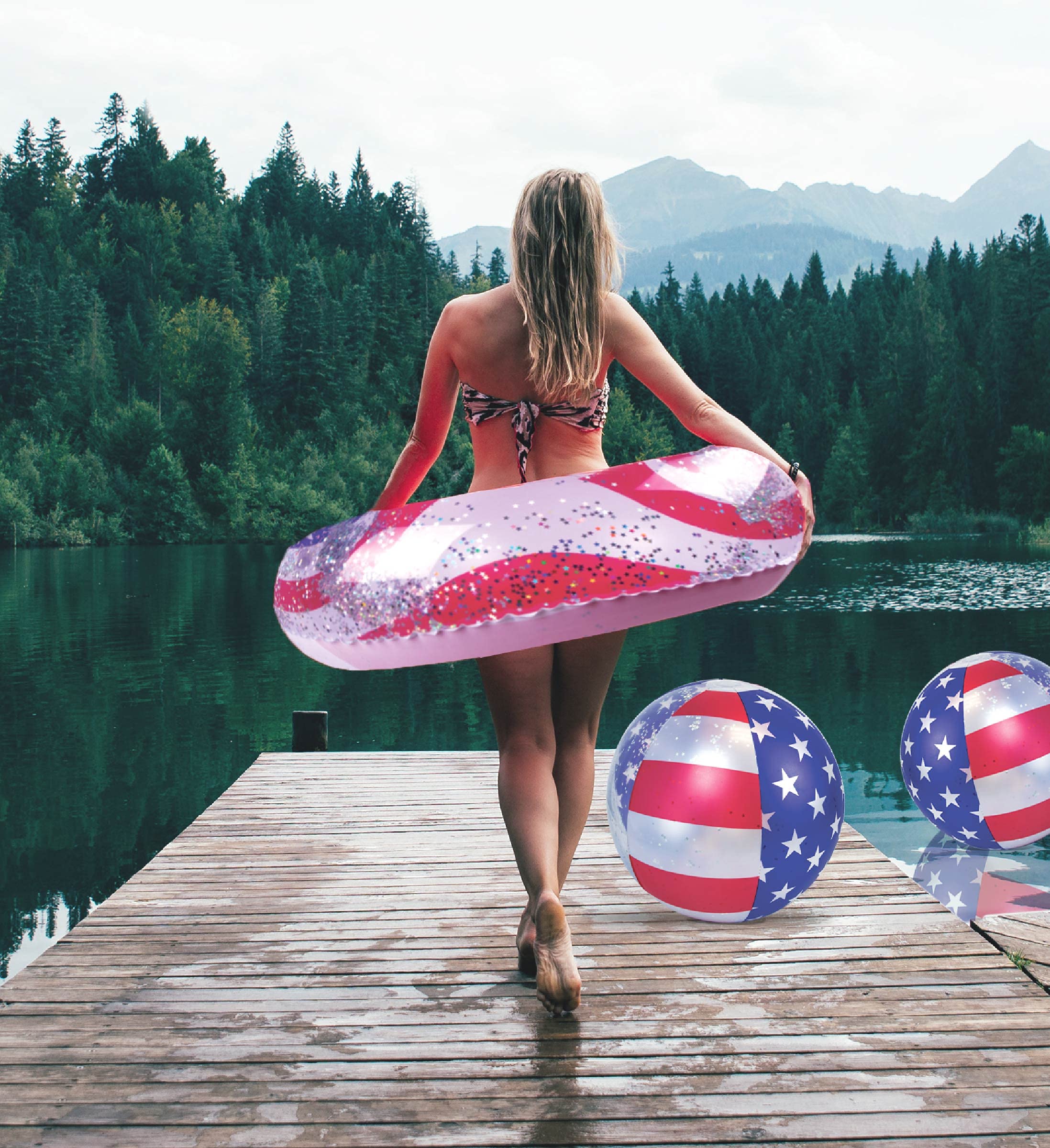 POZA USA flag inflatable float tube in use during sunlit water activity.