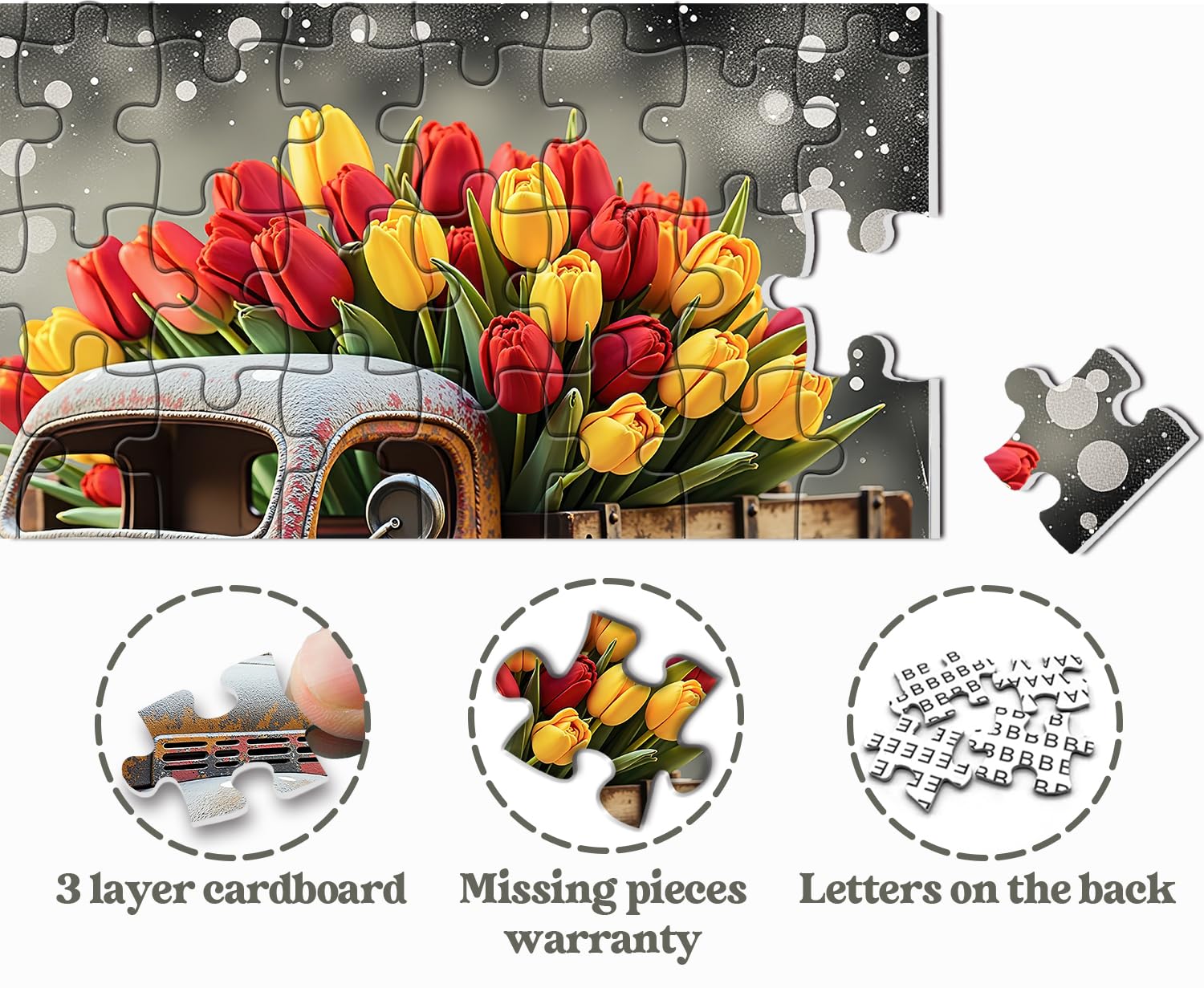 PPuzzling bright tulips on truck design serves as vibrant wall art inspiration