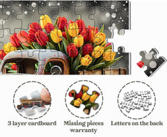 PPuzzling bright tulips on truck design serves as vibrant wall art inspiration