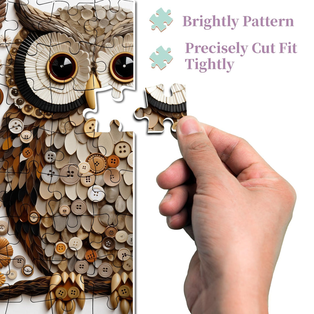 PPuzzling Button Owl Puzzle box and poster setup aids planning and assembly.
