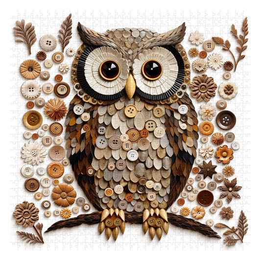 PPuzzling Button Owl Puzzle closeup of button textures highlighting tactile detail for display.