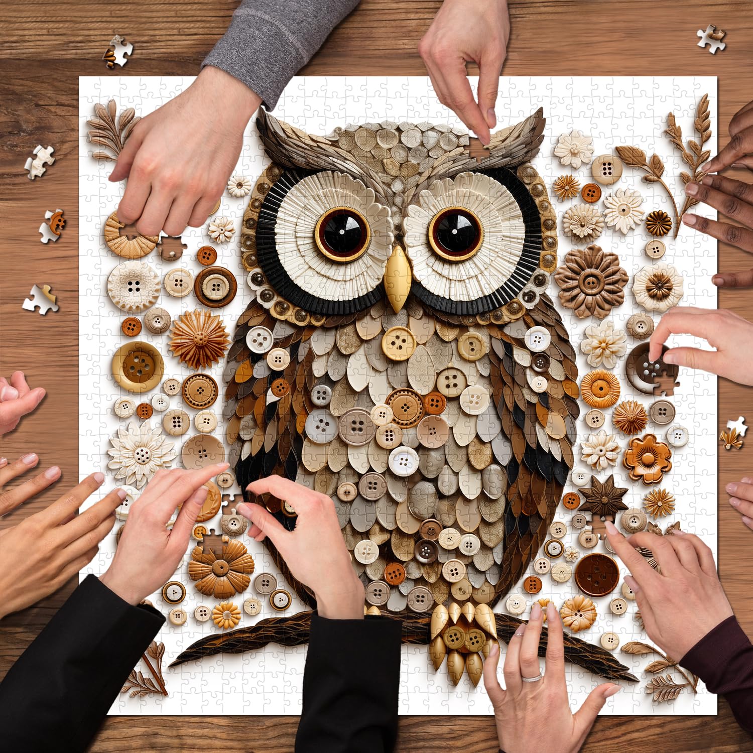 PPuzzling Button Owl Puzzle wall-ready decor adds artistic warmth.