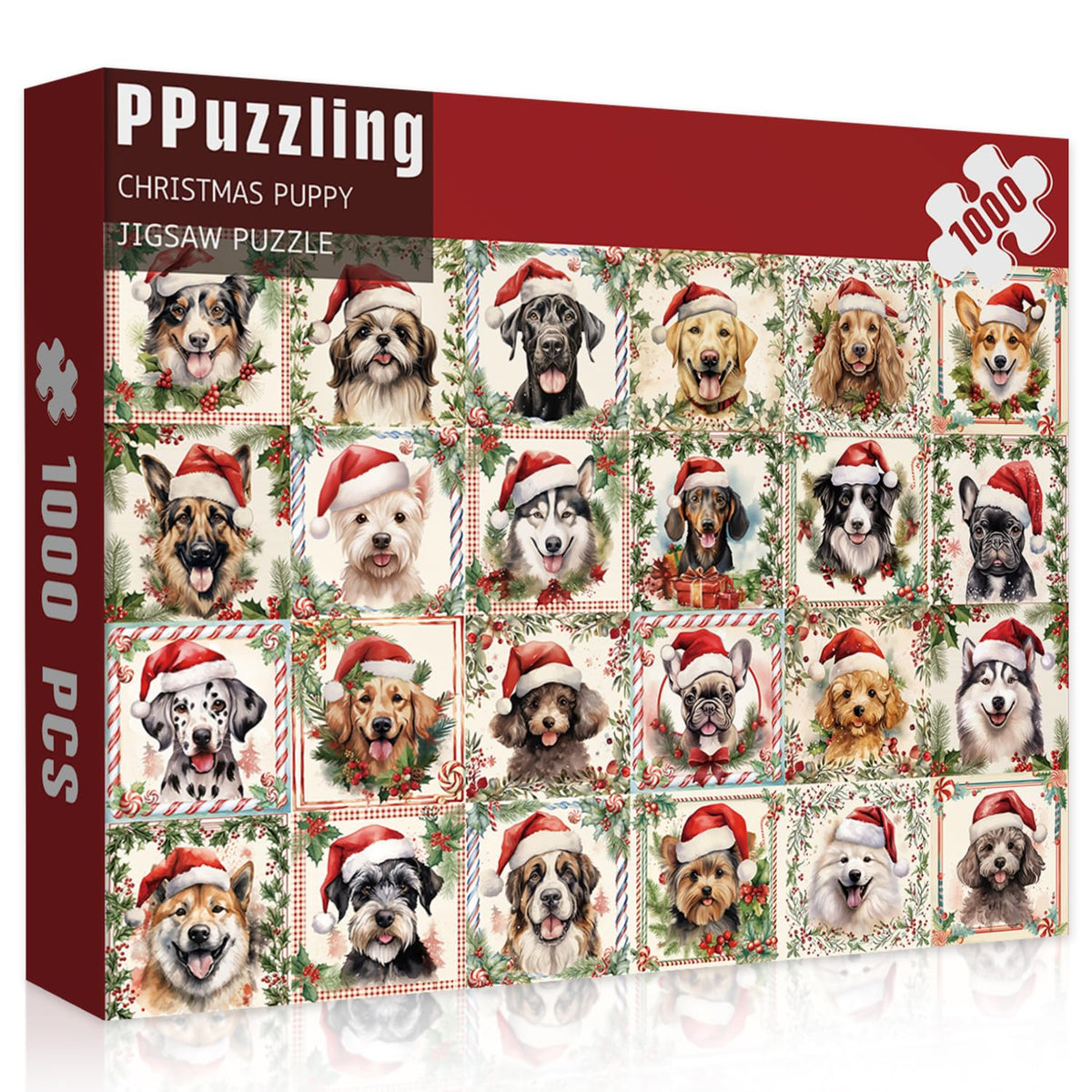 PPuzzling Christmas dog puzzle 1000 pieces laid out for cozy family puzzle night