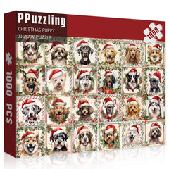 PPuzzling Christmas dog puzzle 1000 pieces laid out for cozy family puzzle night