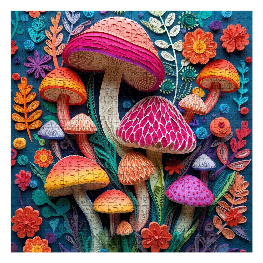 PPuzzling colorful mushroom puzzle forest artwork image, rich colors ideal for wall display after completion.