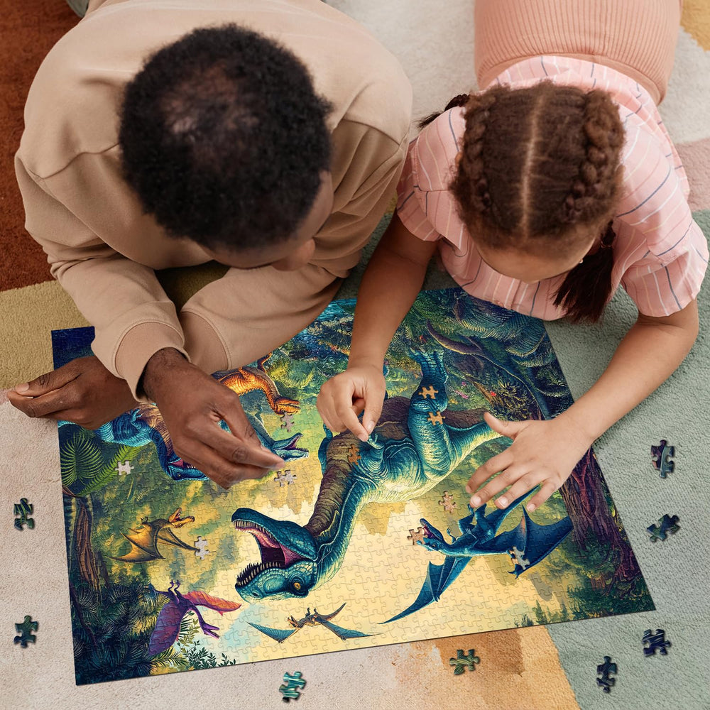 PPuzzling Dinosaur World wall-decor-ready puzzle becomes room art