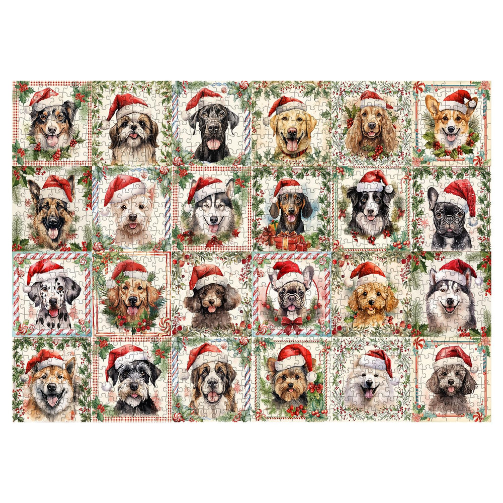 PPuzzling dogs in Christmas hats creating a festive holiday scene