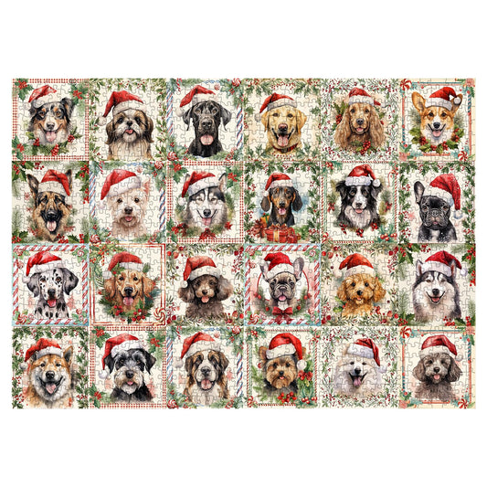 PPuzzling dogs in Christmas hats creating a festive holiday scene