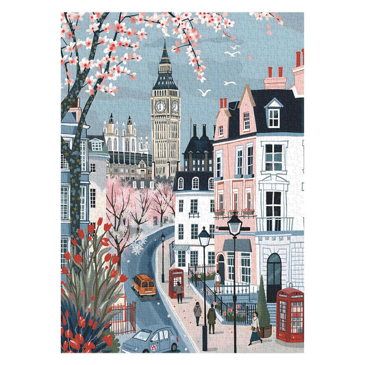 PPuzzling European Street Landscape 1000-piece puzzle with pastel tones for mindful focus.
