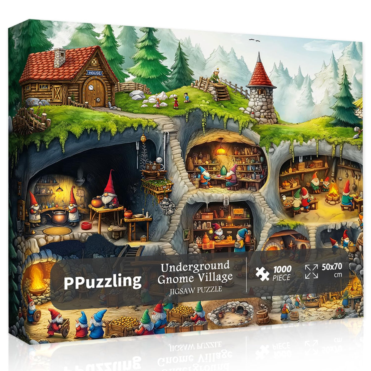 PPuzzling Fantasy Gnome Village puzzle box with 1000 pieces for adult challenge and family fun