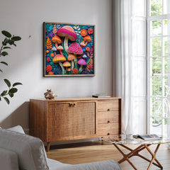 PPuzzling finished puzzle on wall, showcases vibrant forest artwork as decor.