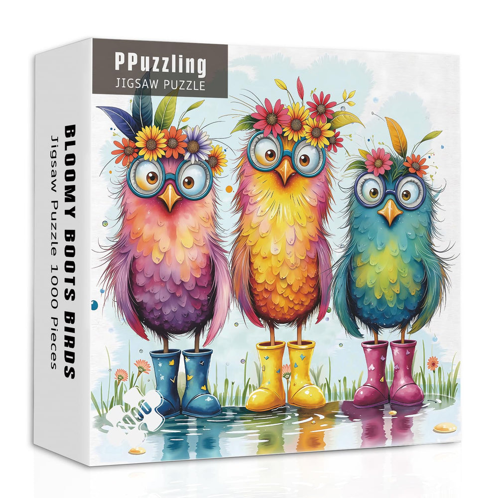 PPuzzling floral owl puzzle with boots – vibrant colors for engaging family puzzle night.