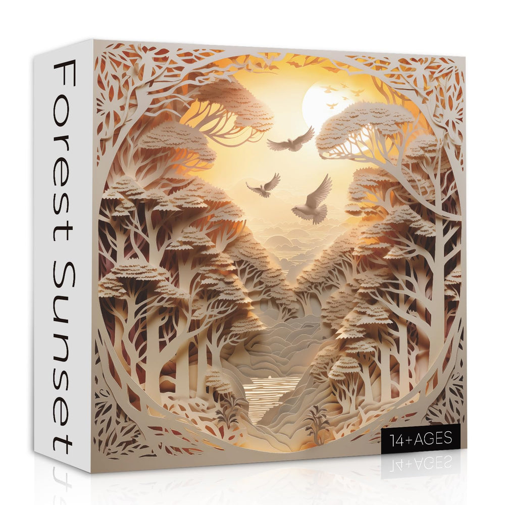 PPuzzling Forest Sunset Puzzle Box shows papercraft forest scene for mindful focus