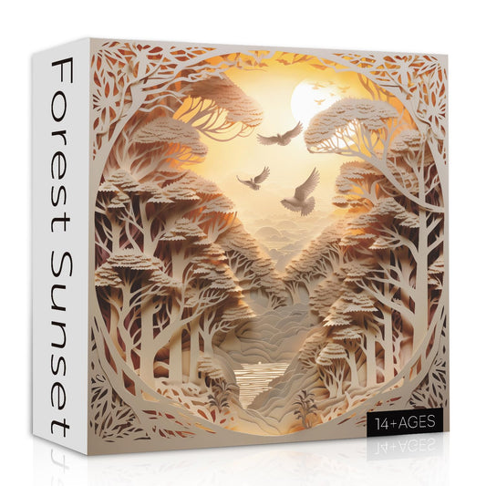 PPuzzling Forest Sunset Puzzle Box shows papercraft forest scene for mindful focus