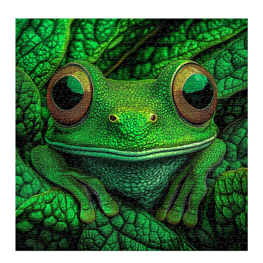 PPuzzling frog puzzle close-up green tree frog – rich textures for focus and relaxation