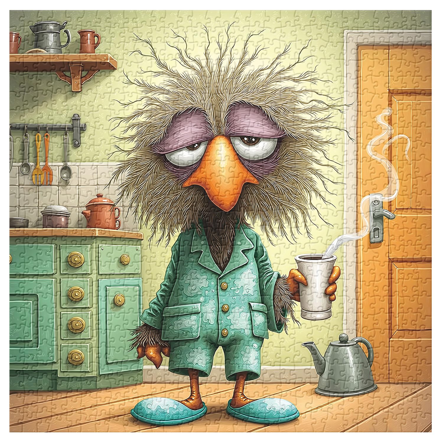 PPuzzling coffee bird close-up highlights a sleepy morning scene ideal for cozy puzzling