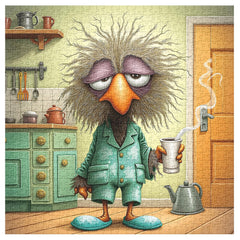 PPuzzling coffee bird close-up highlights a sleepy morning scene ideal for cozy puzzling