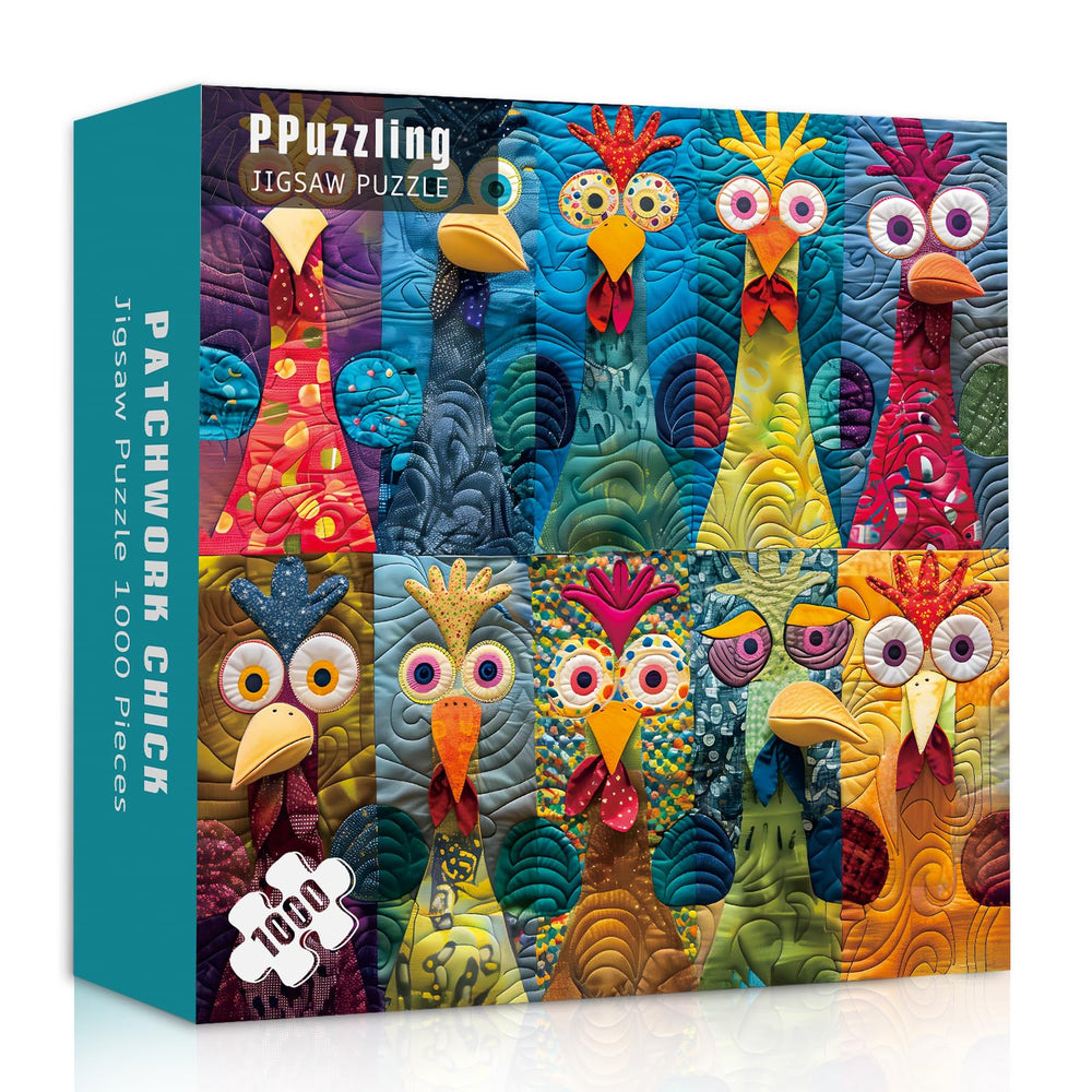 PPuzzling Funny Chickens patchwork 1000-piece puzzle with vibrant colors for relaxing evenings