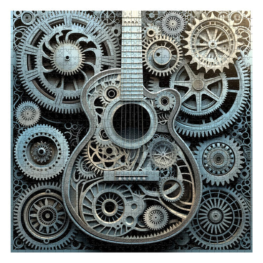 PPuzzling gears guitar close-up shows industrial-meets-music design, ideal for creative focus.