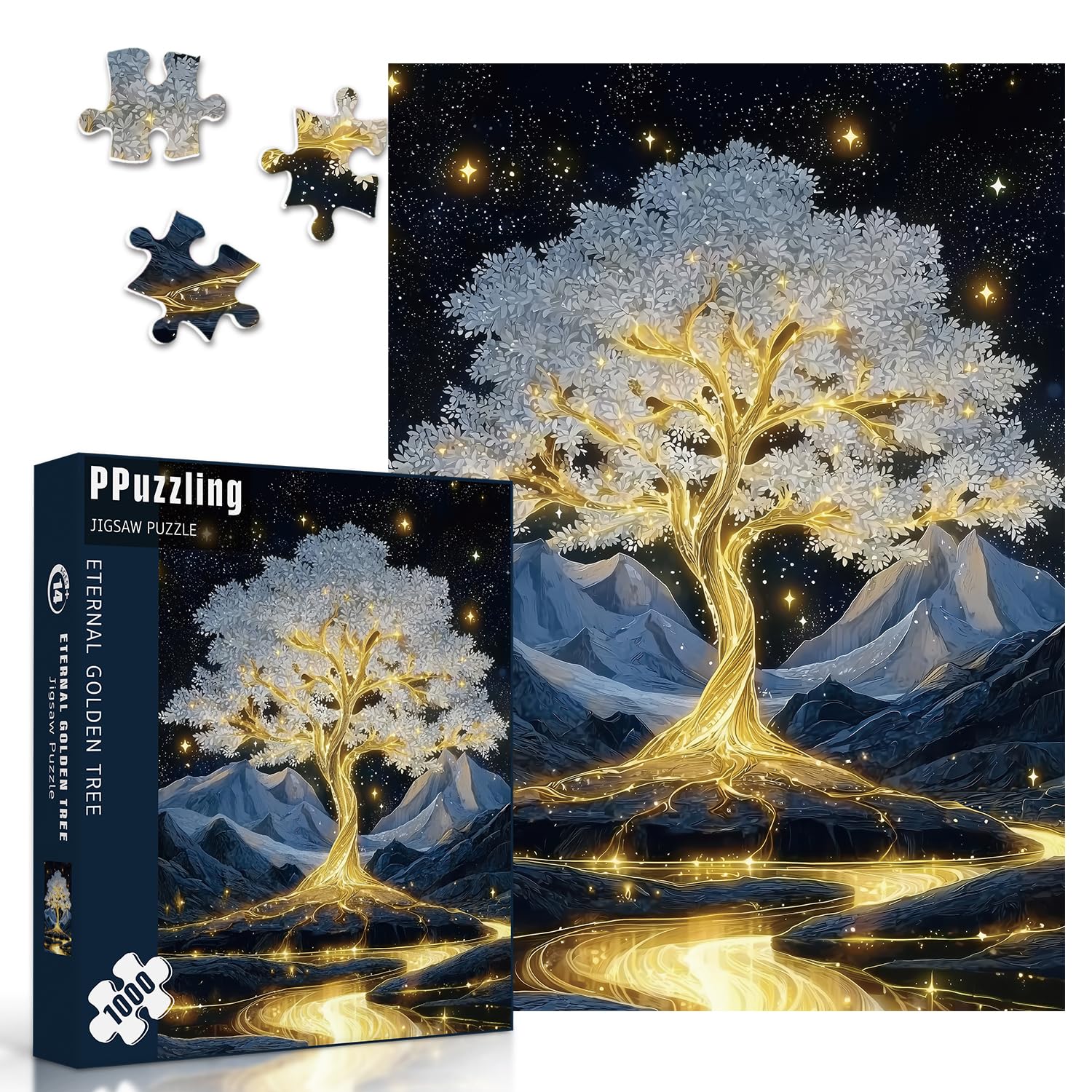PPuzzling Golden Tree starry night scene highlights a glowing landscape for immersive sessions.