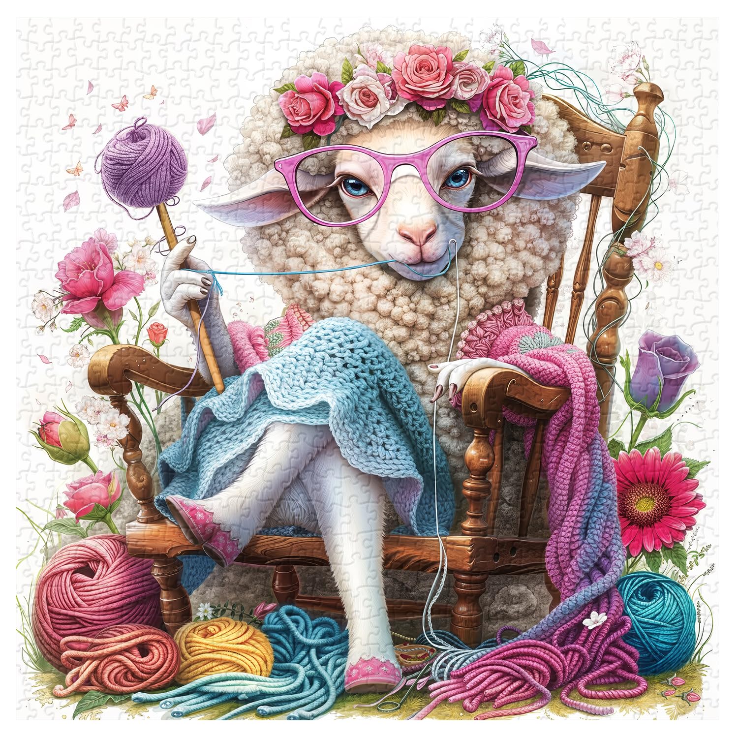 PPuzzling lamb with wreath and glasses, cozy knitting scene for home decor.