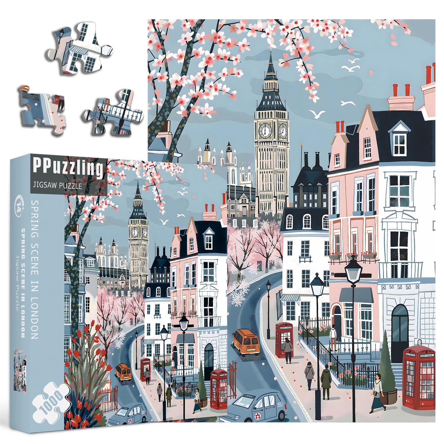 PPuzzling London Spring 1000-piece puzzle featuring Big Ben and blossoms for relaxing evenings.