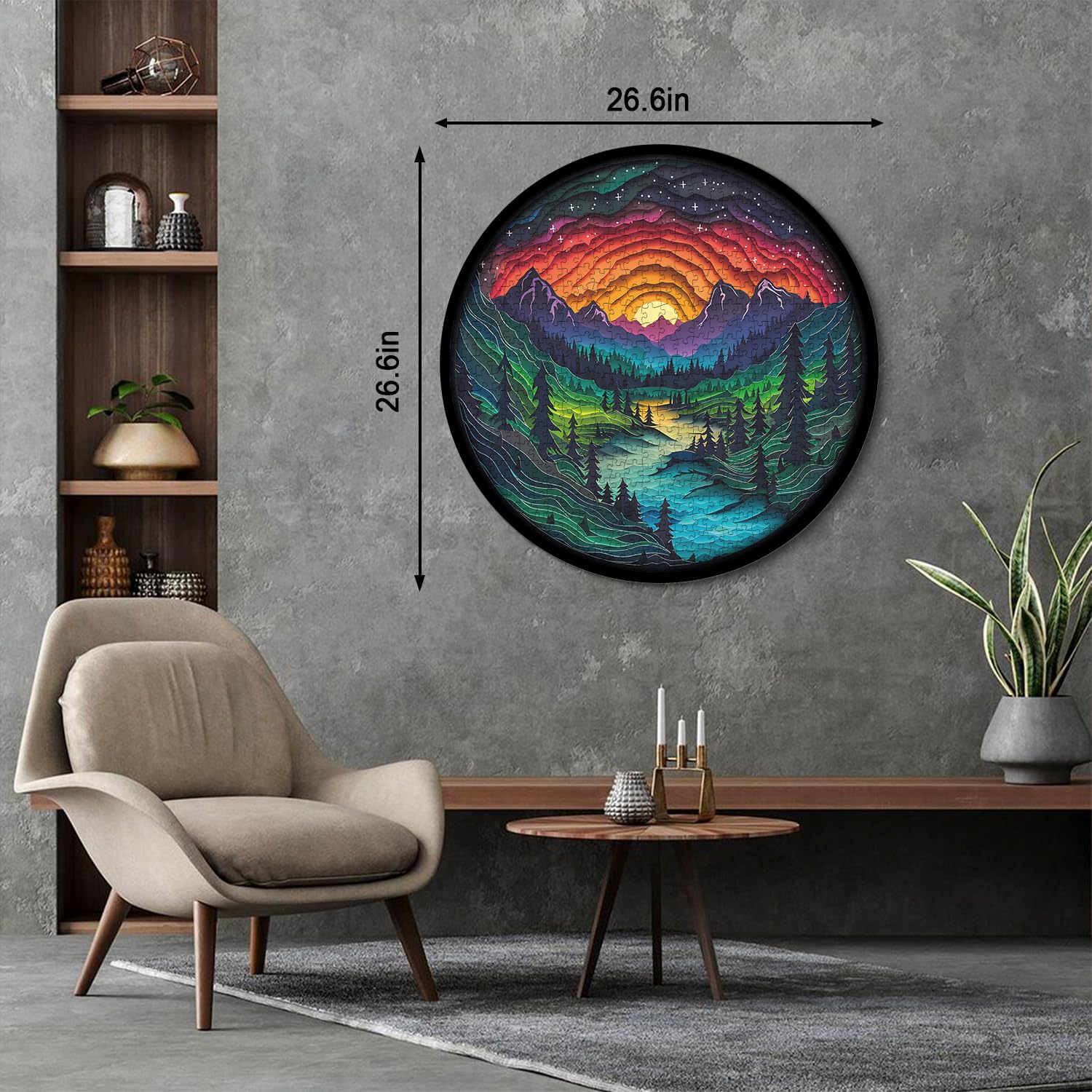PPuzzling Magic Forest round puzzle scenic-mountains-river highlights dramatic landscape for relaxation