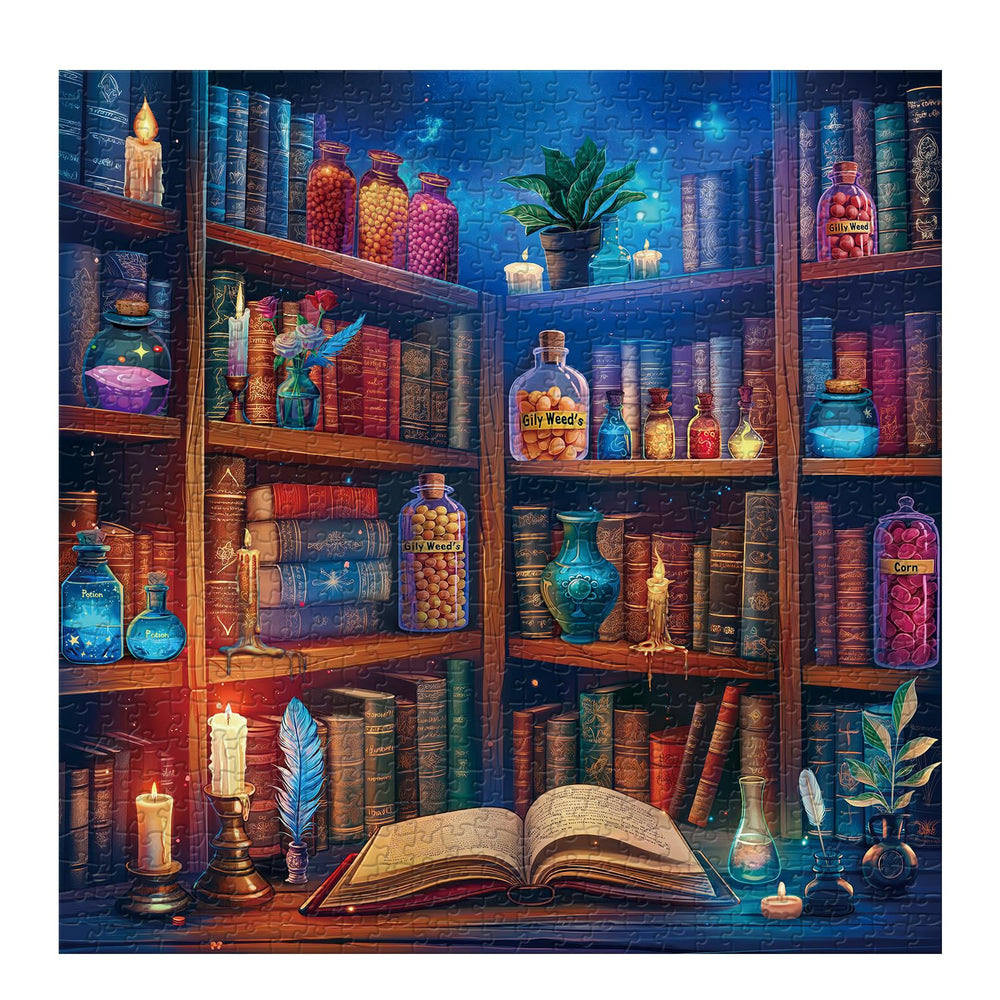 PPuzzling Magic Library candlelight scene invites cozy puzzle sessions.