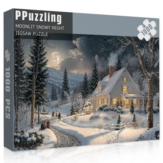 PPuzzling Moonlit Snowy Night puzzle box showing the cozy cabin scene for guided play