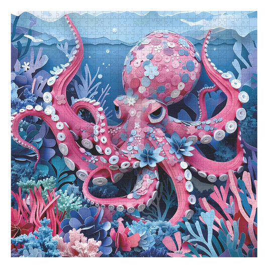 PPuzzling Ocean Octopus 1000-piece puzzle with sturdy box and poster for easy storage.