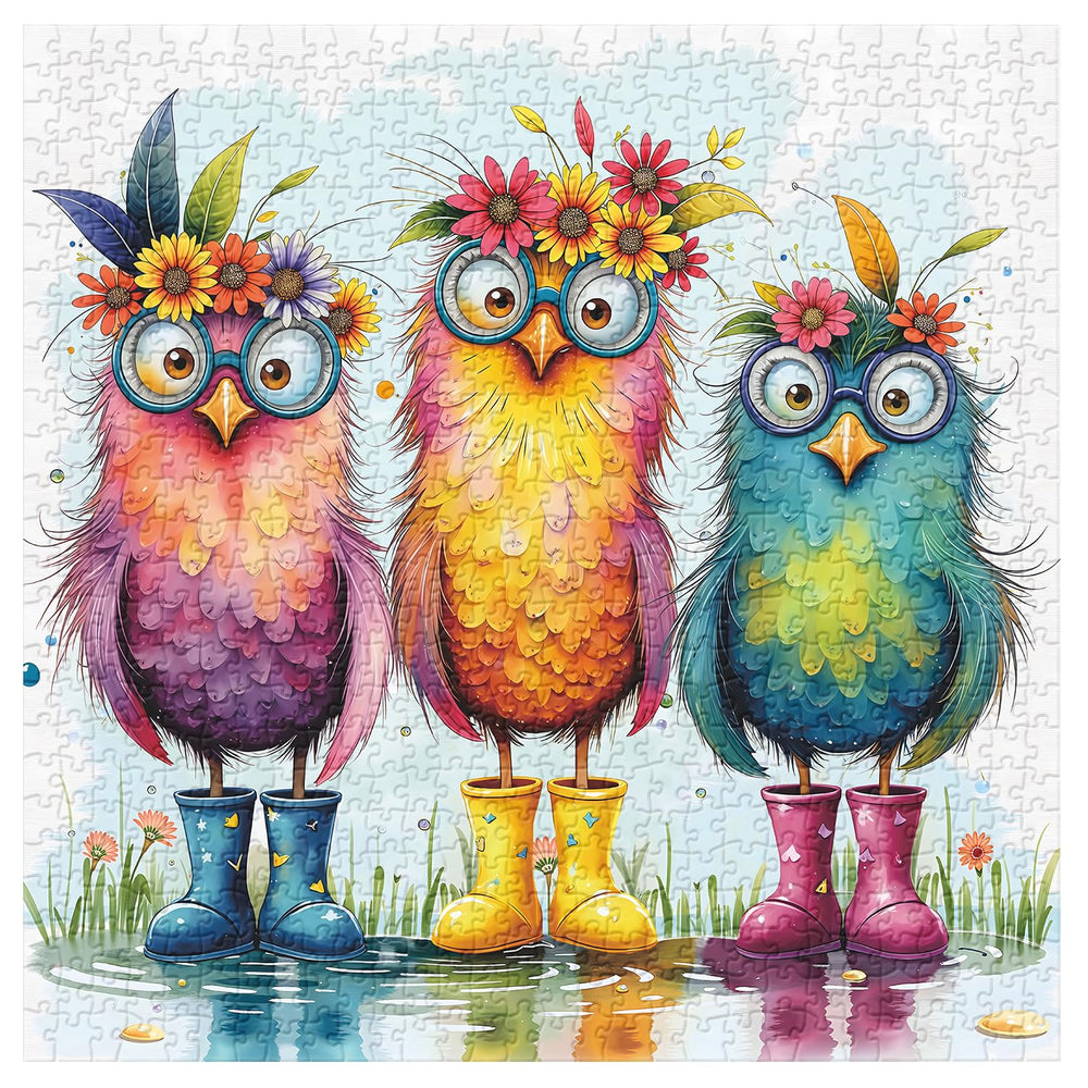 PPuzzling owls with flower crowns – whimsical scene perfect for wall art decoration.