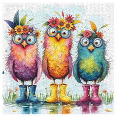 PPuzzling owls with flower crowns – whimsical scene perfect for wall art decoration.