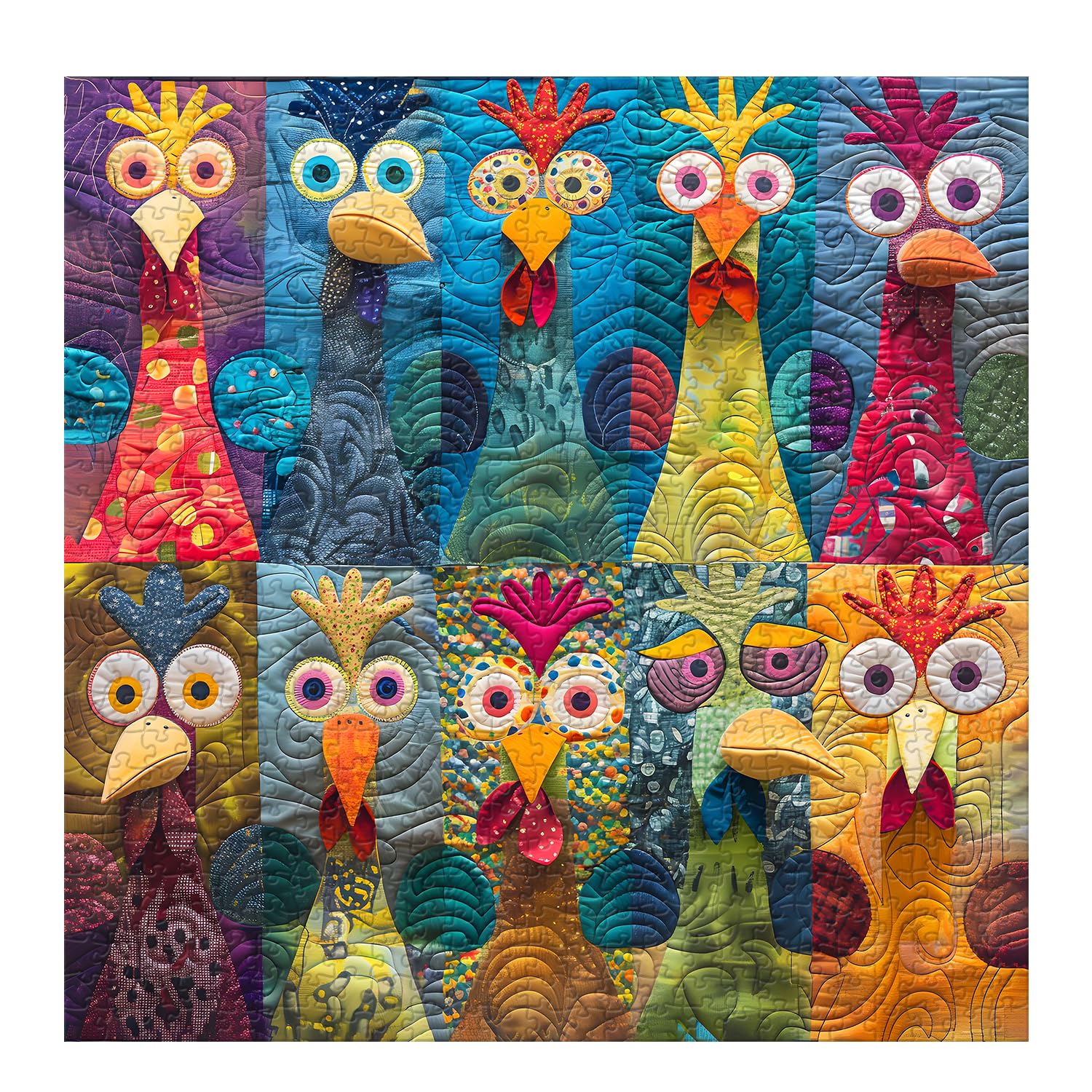 PPuzzling Patchwork Rooster closeup highlighting intricate pieces for mindful assembly