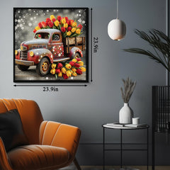 PPuzzling rustic pickup truck and tulips puzzle offers calm farm scene to enjoy