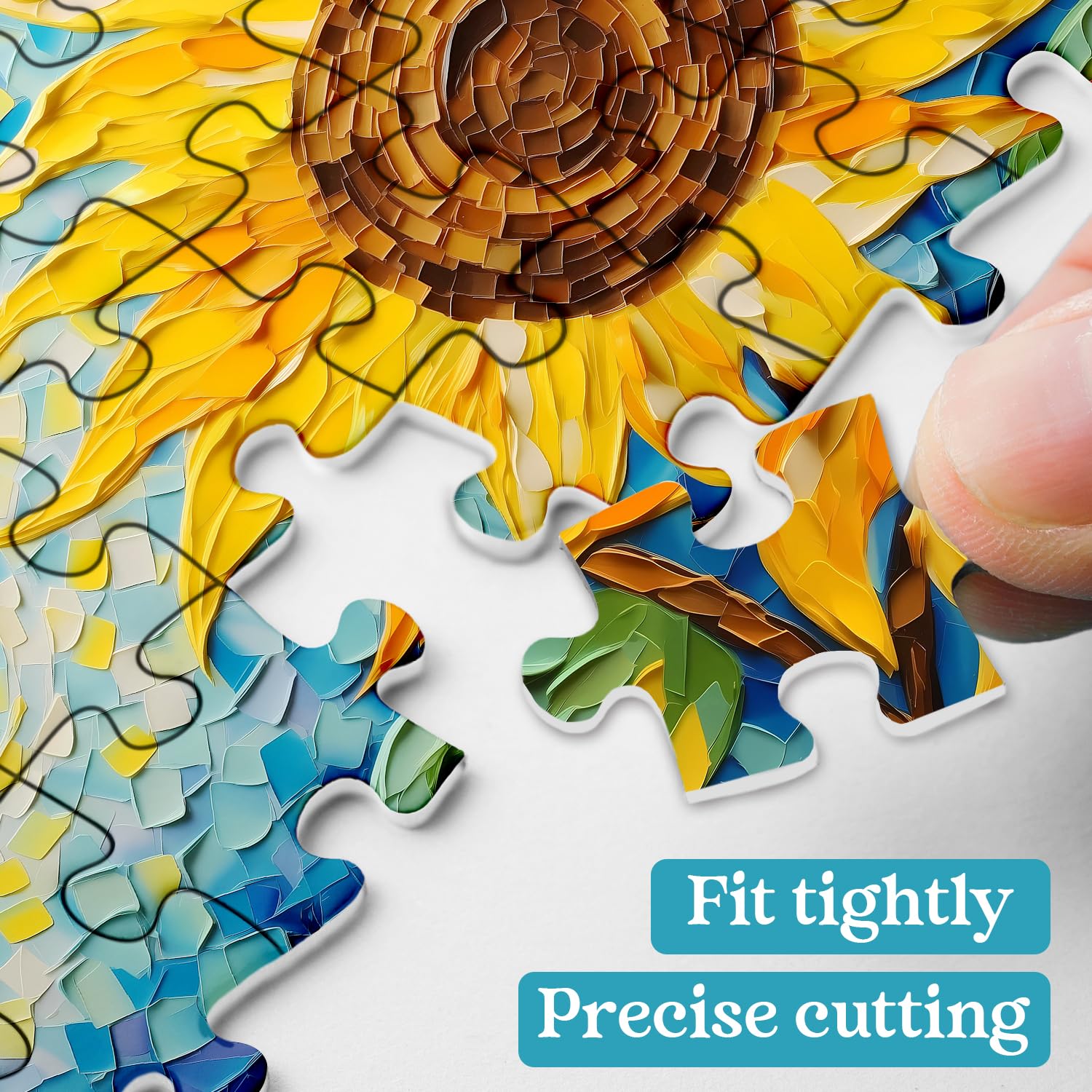 PPuzzling sunflower mosaic design with vibrant colors and blue sky