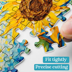 PPuzzling sunflower mosaic design with vibrant colors and blue sky
