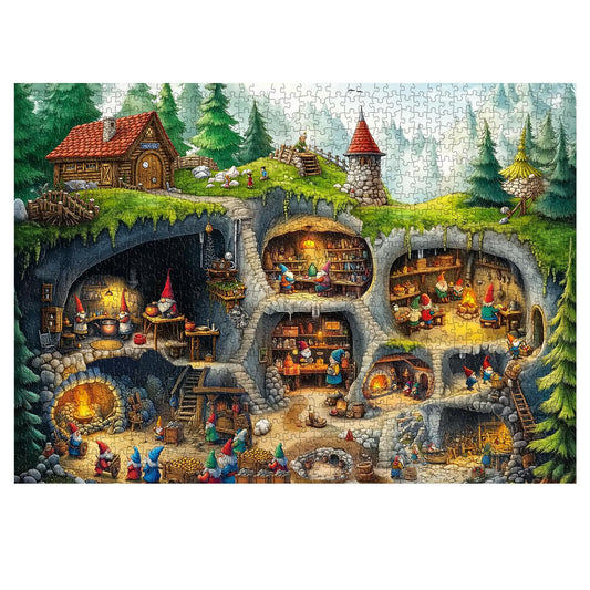 PPuzzling Underground gnome houses close-up offers cozy forest scene for immersive puzzle time