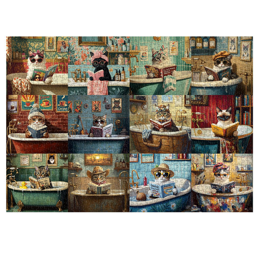 PPuzzling Vintage Cat Puzzle: 12 cats reading in bathtub, cozy challenge for cat lovers.
