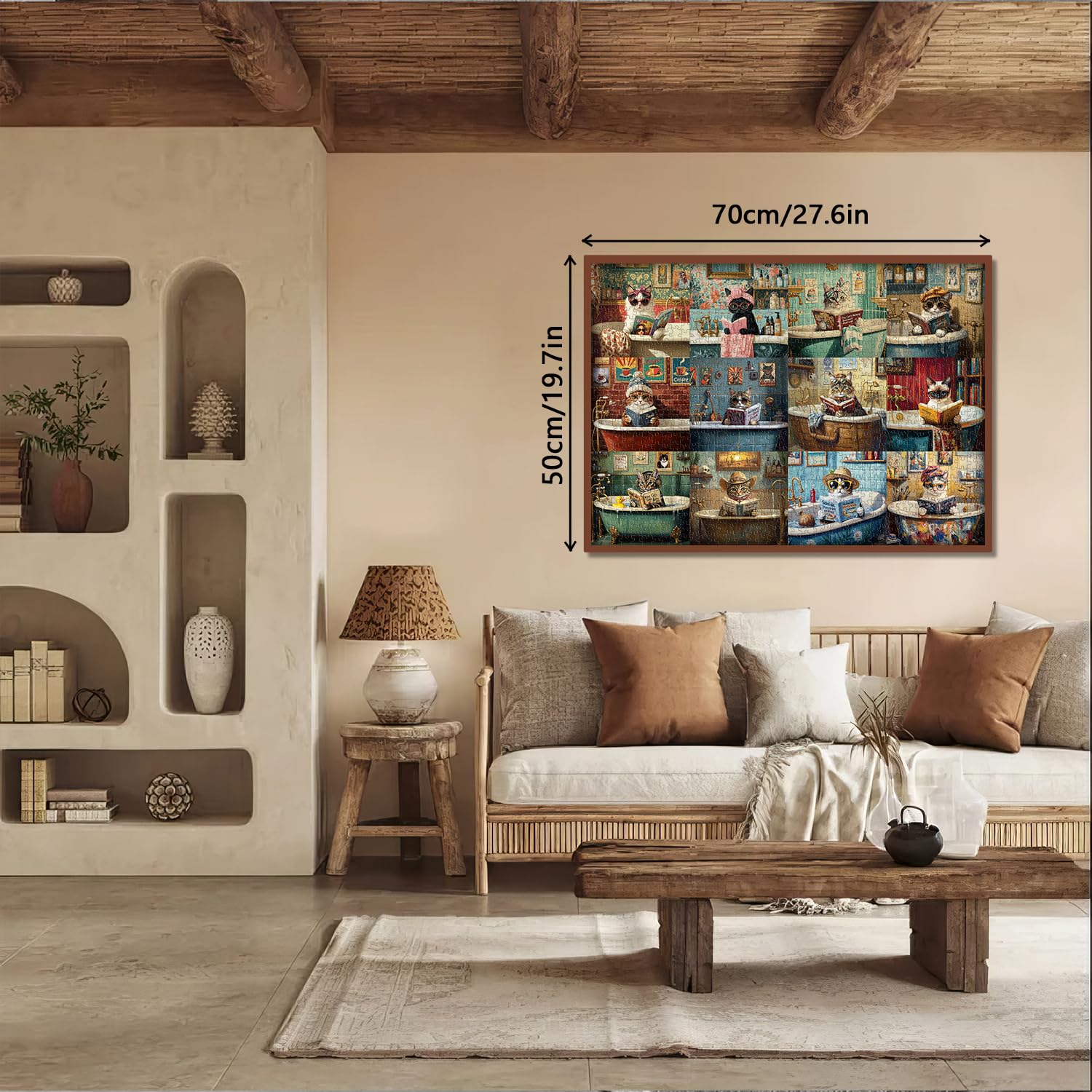PPuzzling vintage puzzle features books and bath scene, ideal for mindful puzzle sessions.