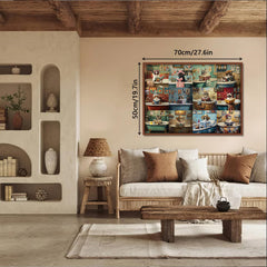 PPuzzling vintage puzzle features books and bath scene, ideal for mindful puzzle sessions.