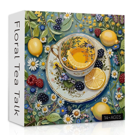 PPuzzling Vintage Teacups puzzle art with lemon tea evokes cozy tea-time nostalgia.