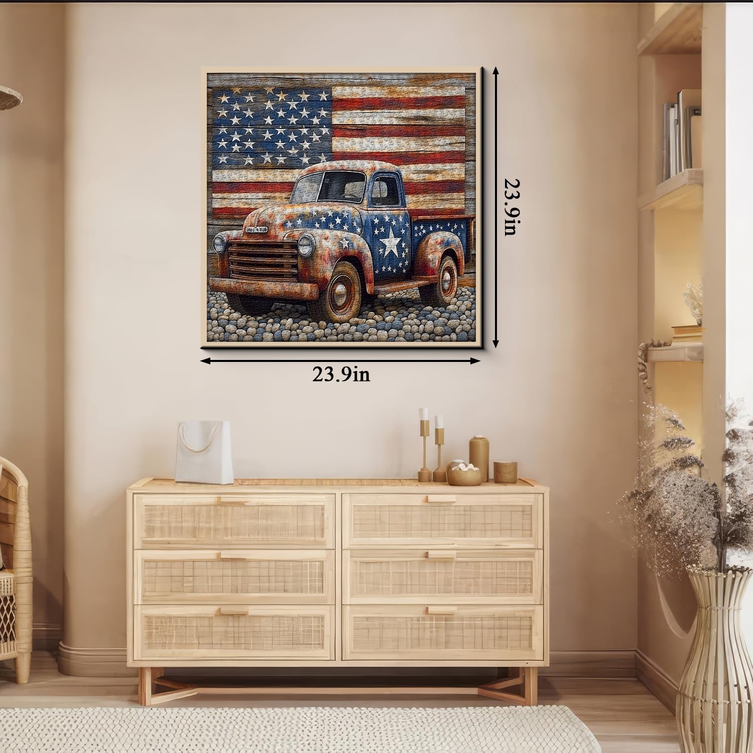 PPuzzling Vintage truck with distressed flag art evokes nostalgia and patriotism.