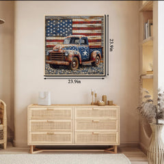 PPuzzling Vintage truck with distressed flag art evokes nostalgia and patriotism.