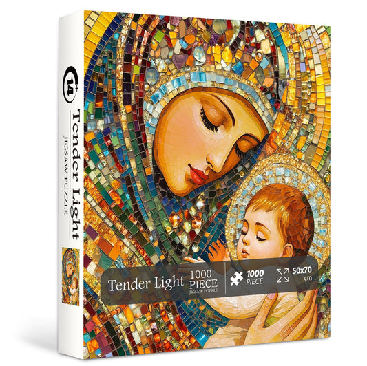 PPuzzling Virgin Mary holding baby Jesus mosaic puzzle with vibrant colors for family time.