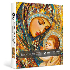 PPuzzling Virgin Mary holding baby Jesus mosaic puzzle with vibrant colors for family time.