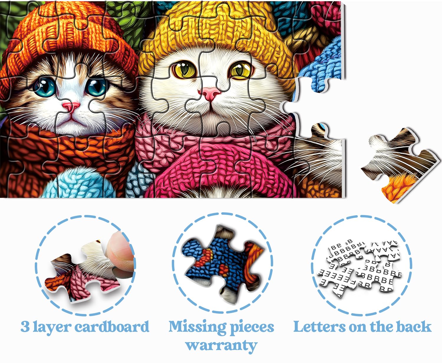 PPuzzling winter cat puzzle scarves close-up highlights vibrant winter colors.