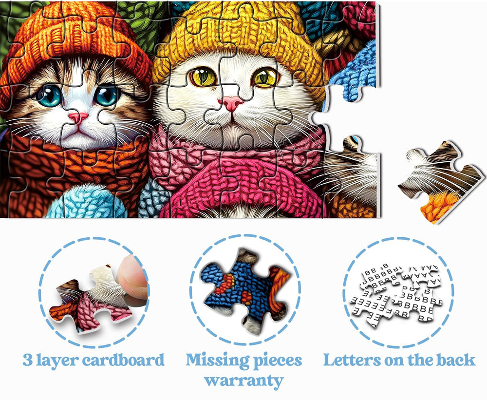 PPuzzling winter cat puzzle scarves close-up highlights vibrant winter colors.