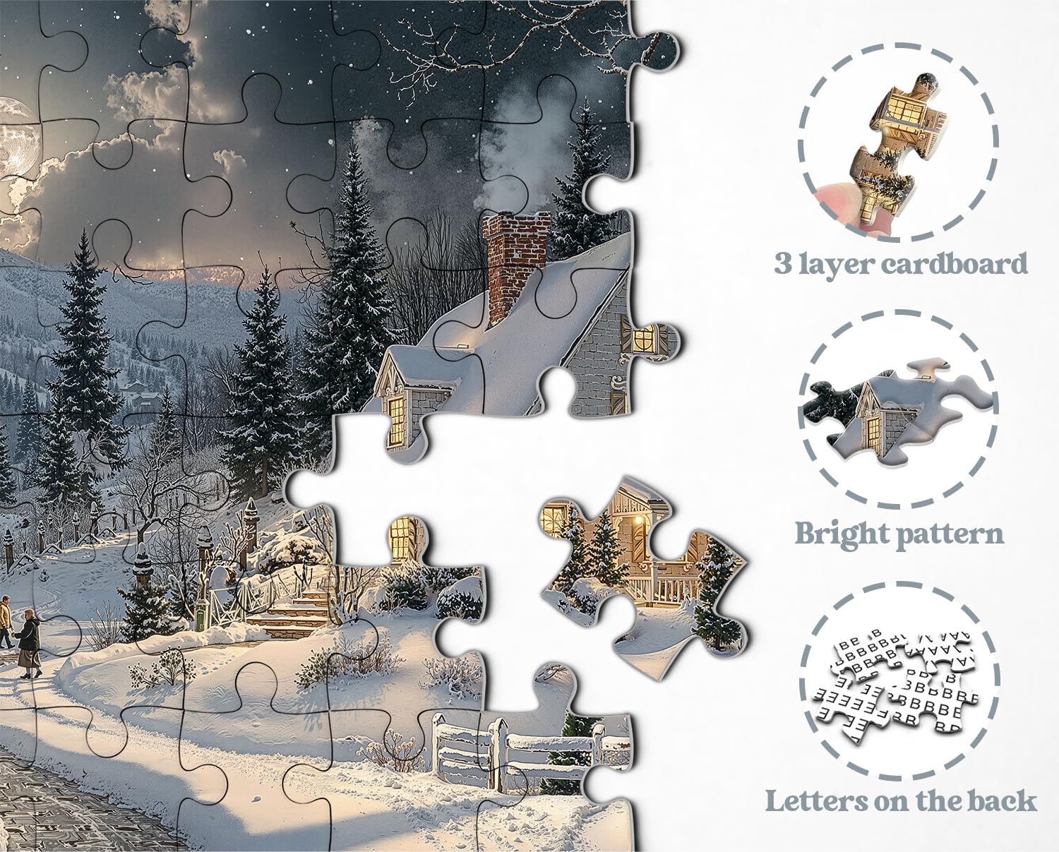 PPuzzling Winter Forest Cabin Scene captures snowy trees and warm glow for immersive evenings