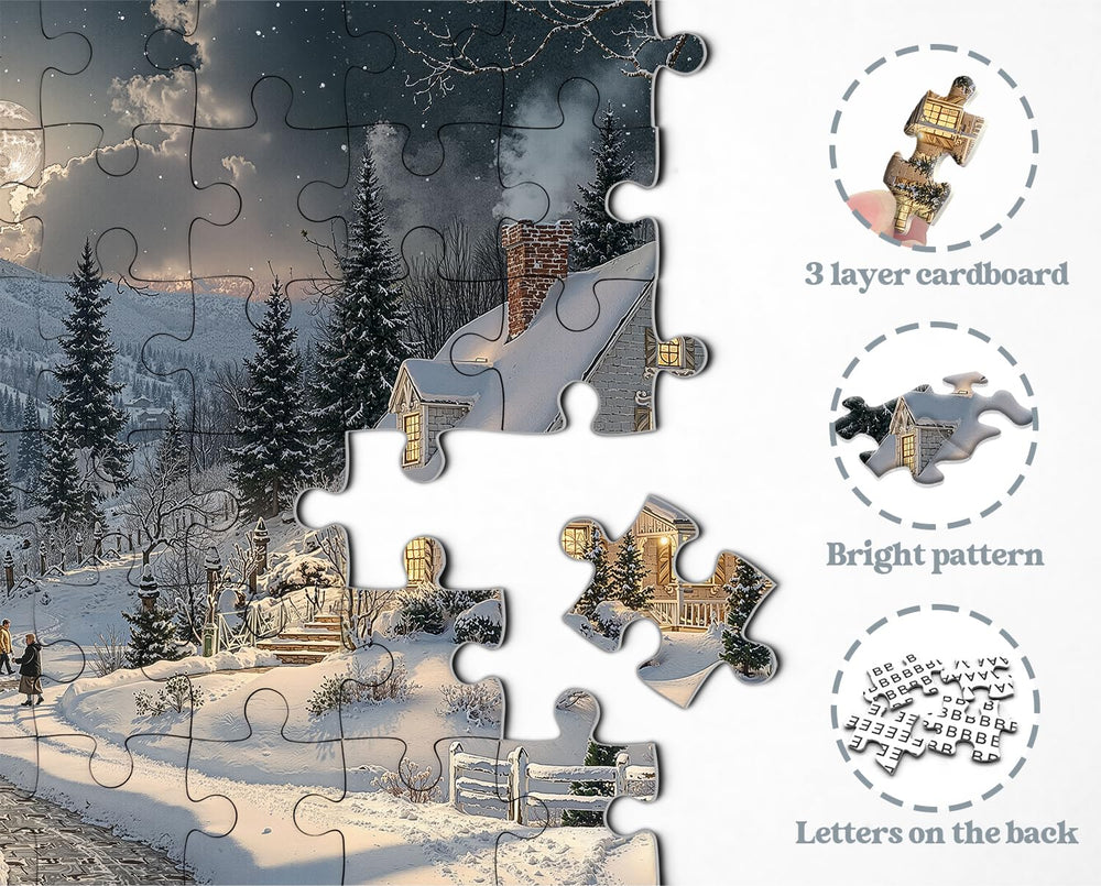 PPuzzling Winter Forest Cabin Scene captures snowy trees and warm glow for immersive evenings